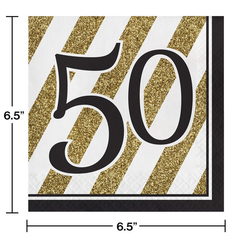 Creative Converting Disposable Black and Gold 50th Birthday Napkins, Party Supplies, 6.5" x 6.5", 16ct - Image 2
